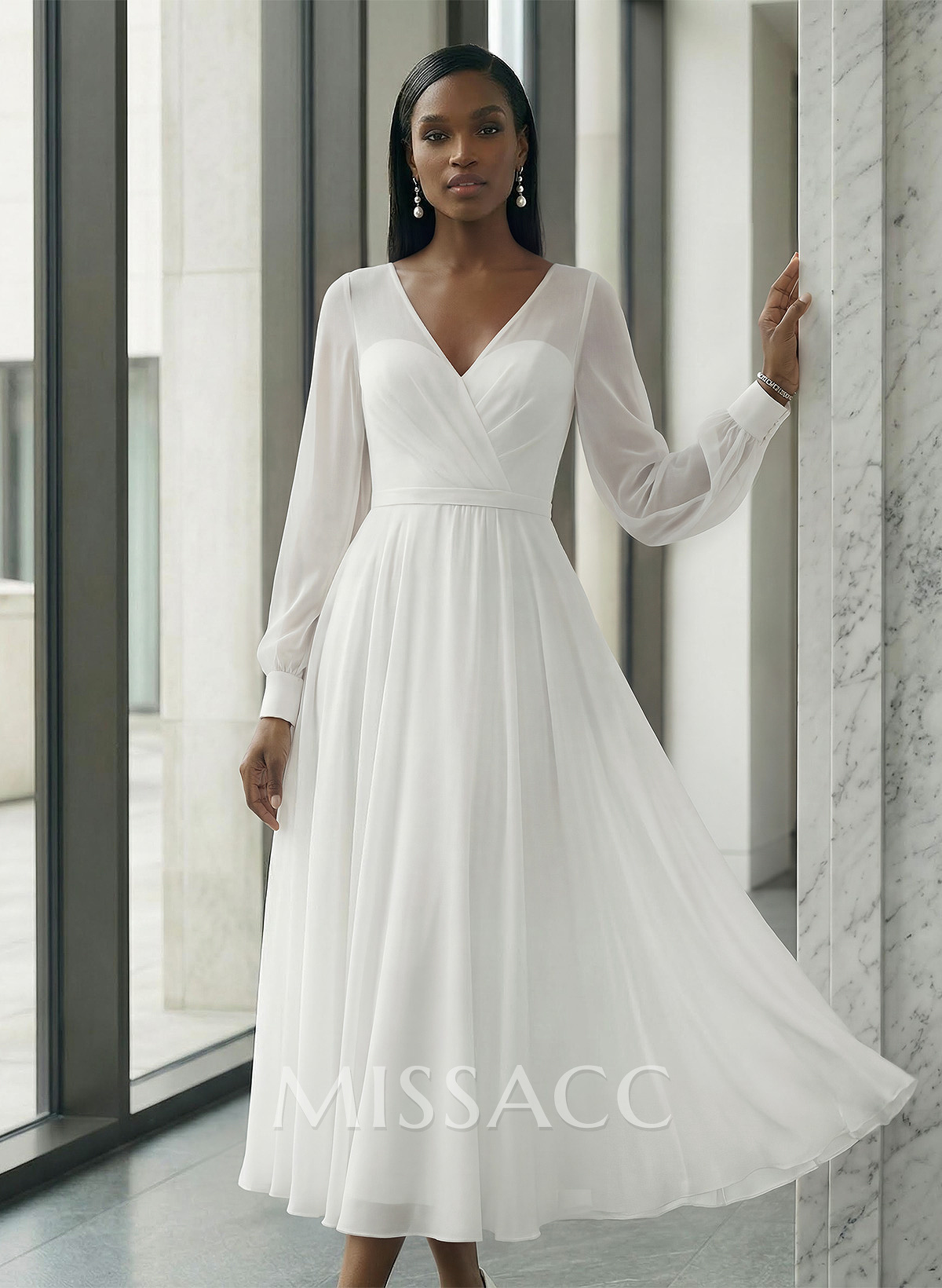 Long Sleeves Tea-Length A-Line Wedding Dress With Chiffon V-Neck