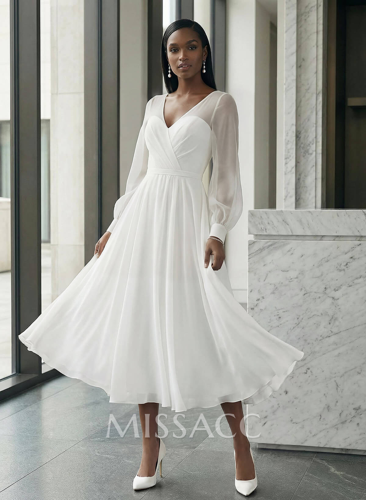 Long Sleeves Tea-Length A-Line Wedding Dress With Chiffon V-Neck