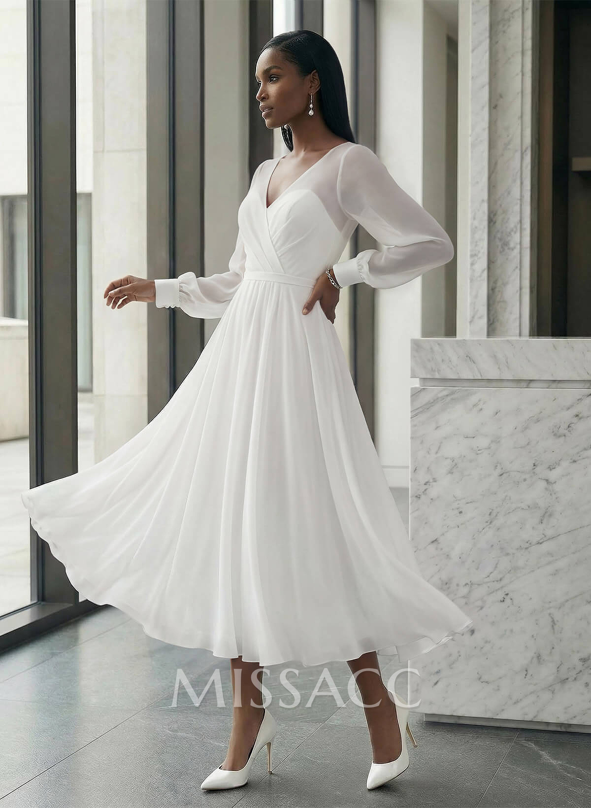 Long Sleeves Tea-Length A-Line Wedding Dress With Chiffon V-Neck