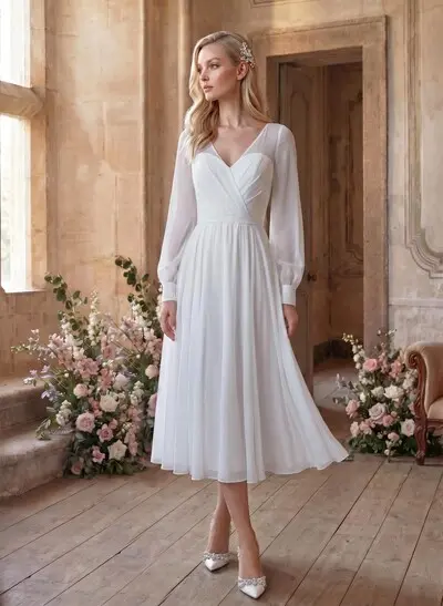 Long Sleeves Tea-Length A-Line Wedding Dress With Chiffon V-Neck