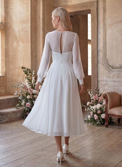 Long Sleeves Tea-Length A-Line Wedding Dress With Chiffon V-Neck