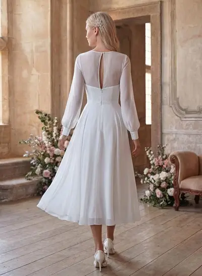 Long Sleeves Tea-Length A-Line Wedding Dress With Chiffon V-Neck