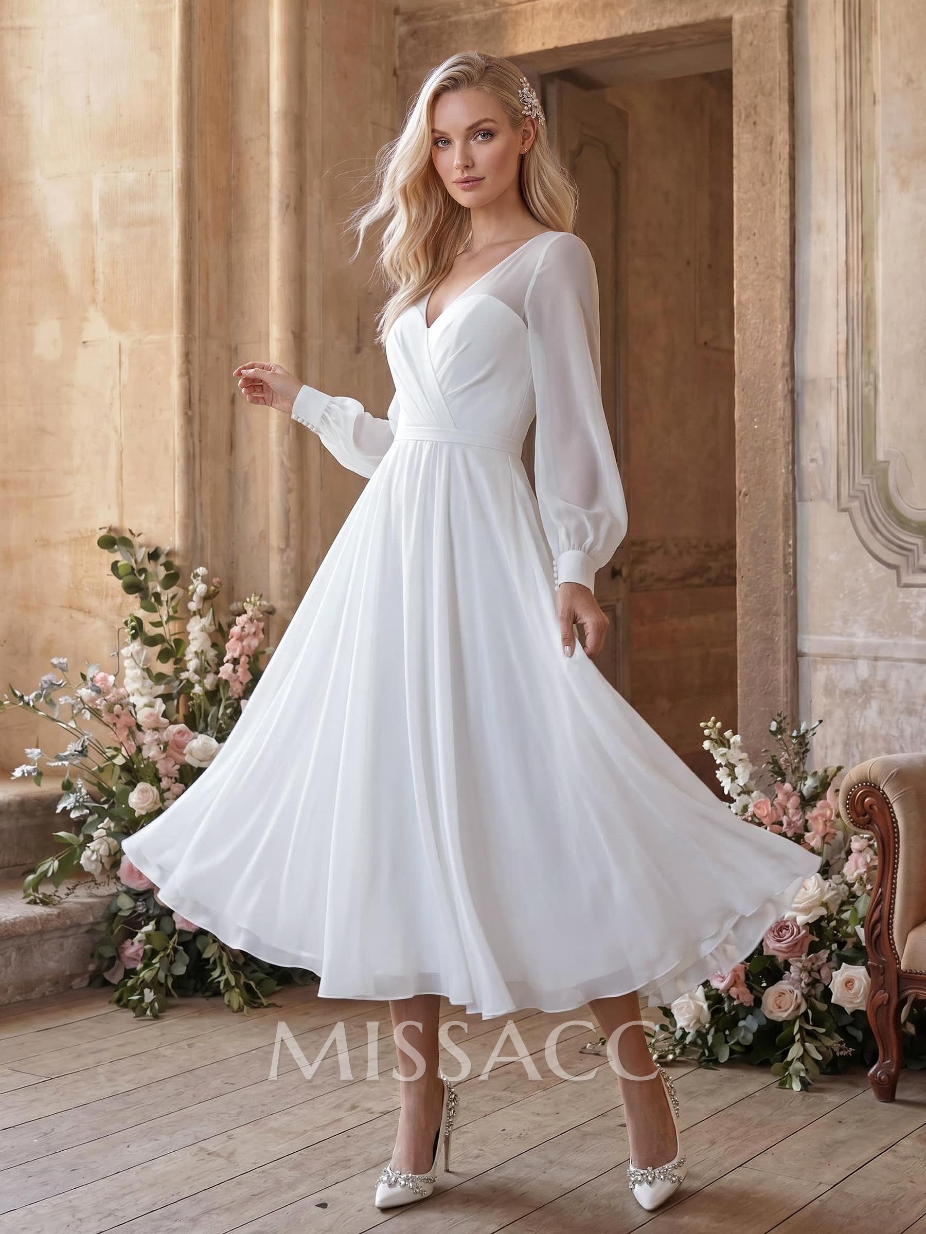 Long Sleeves Tea-Length A-Line Wedding Dress With Chiffon V-Neck