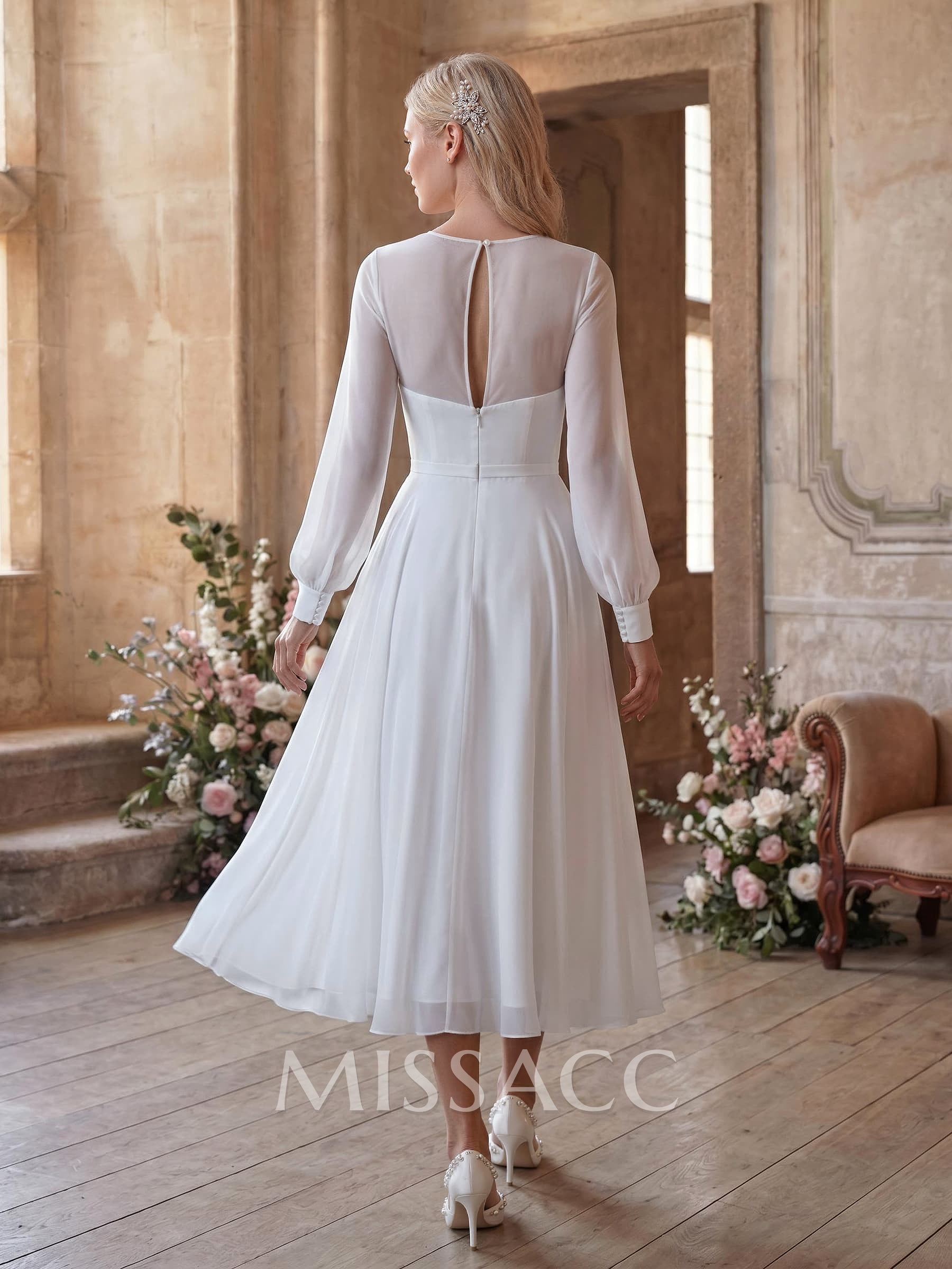 Long Sleeves Tea-Length A-Line Wedding Dress With Chiffon V-Neck