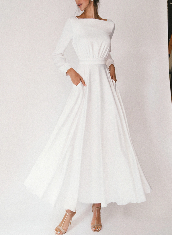 Square Neckline Long Sleeves Tea-Length White Wedding Dresses