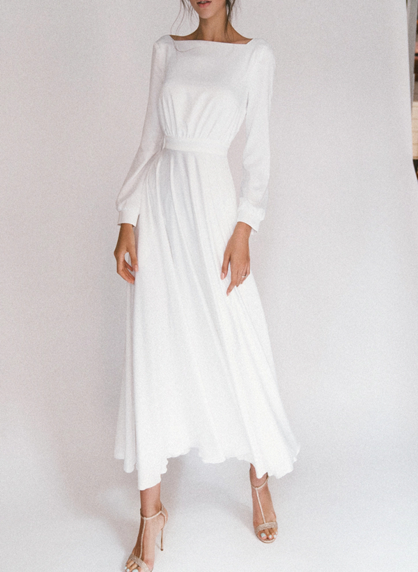 Square Neckline Long Sleeves Tea-Length White Wedding Dresses