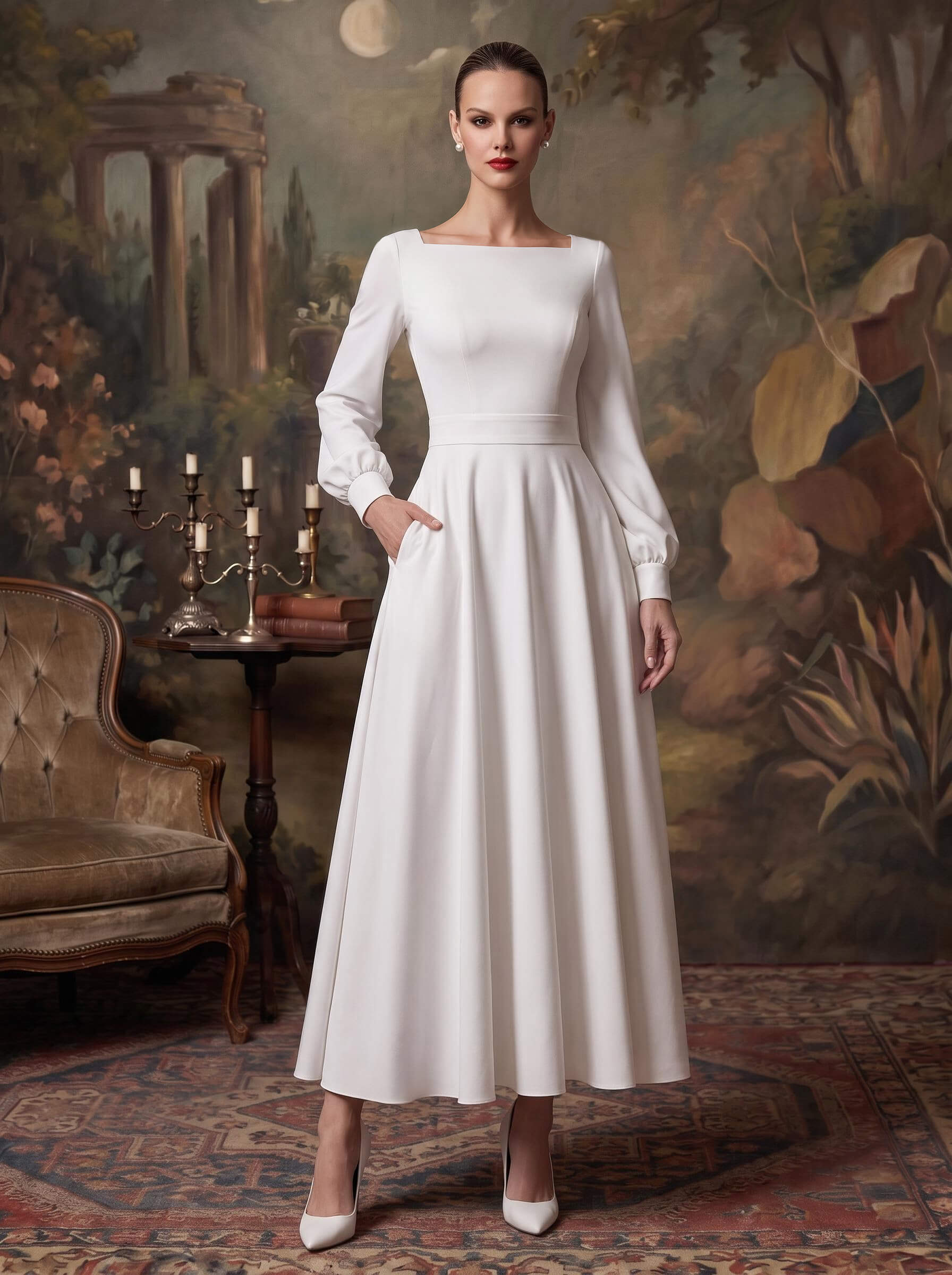 Square Neckline Long Sleeves Ankle-Length White Wedding Dresses