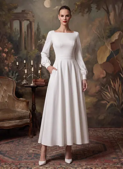 Square Neckline Long Sleeves Ankle-Length White Wedding Dresses