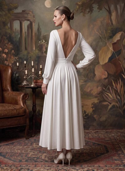 Square Neckline Long Sleeves Ankle-Length White Wedding Dresses