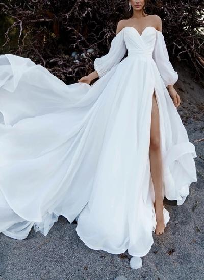 Off-The-Shoulder Long Sleeves Beach Wedding Dresses With A-Line Chiffon