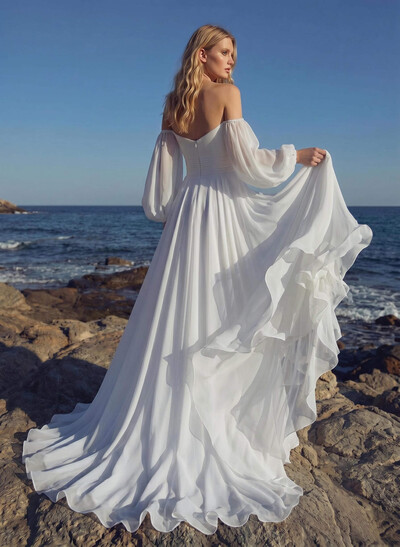 Off-The-Shoulder Long Sleeves Beach Wedding Dresses With A-Line Chiffon