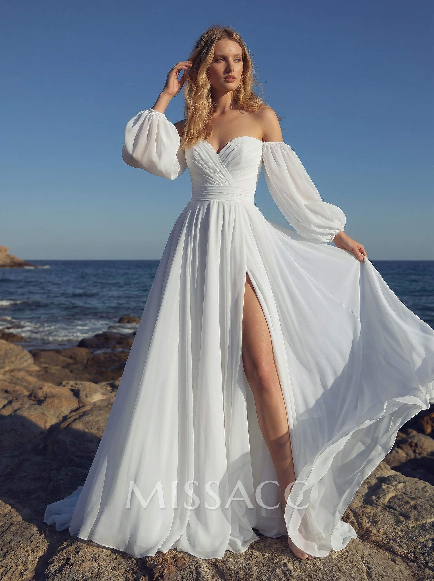 Off-The-Shoulder Long Sleeves Beach Wedding Dresses With A-Line Chiffon