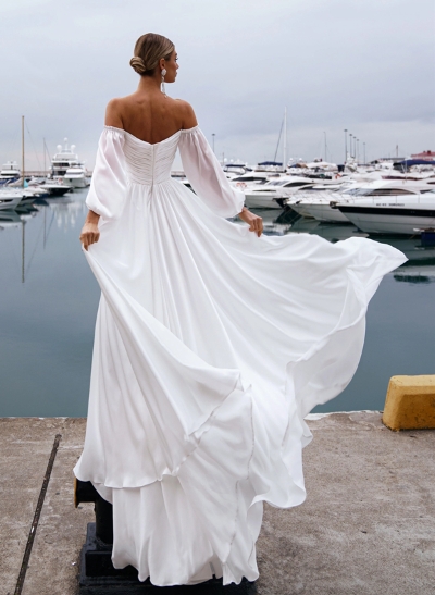 Beach Long Sleeves Off-the-Shoulder Wedding Dresses With A-Line Chiffon 