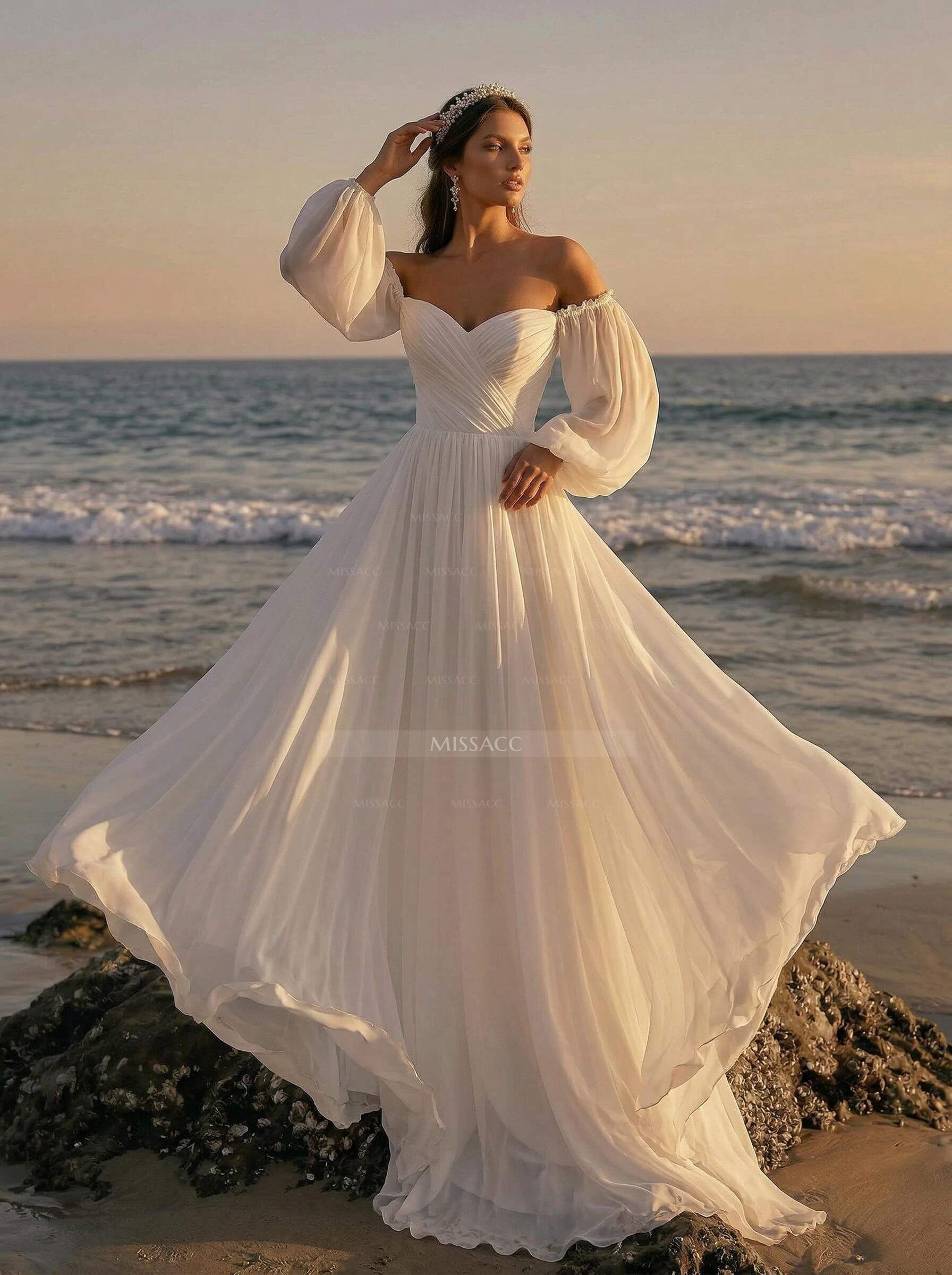 Beach Long Sleeves Off-The-Shoulder Wedding Dresses With A-Line Chiffon