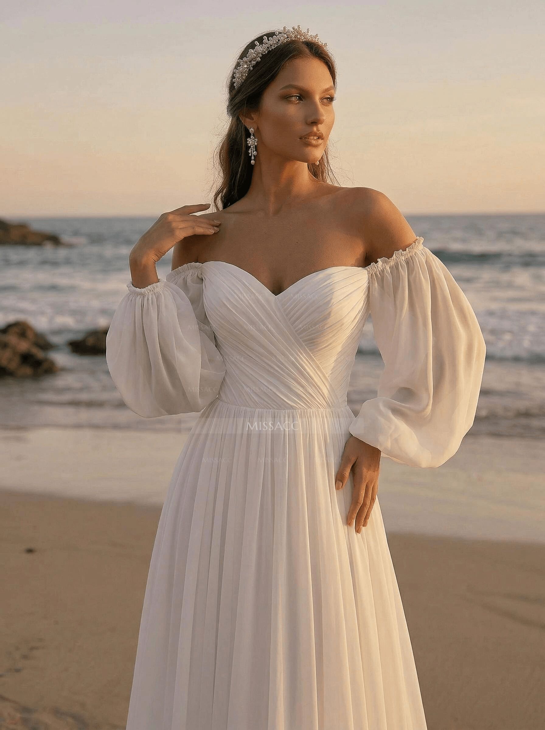 Beach Long Sleeves Off-The-Shoulder Wedding Dresses With A-Line Chiffon