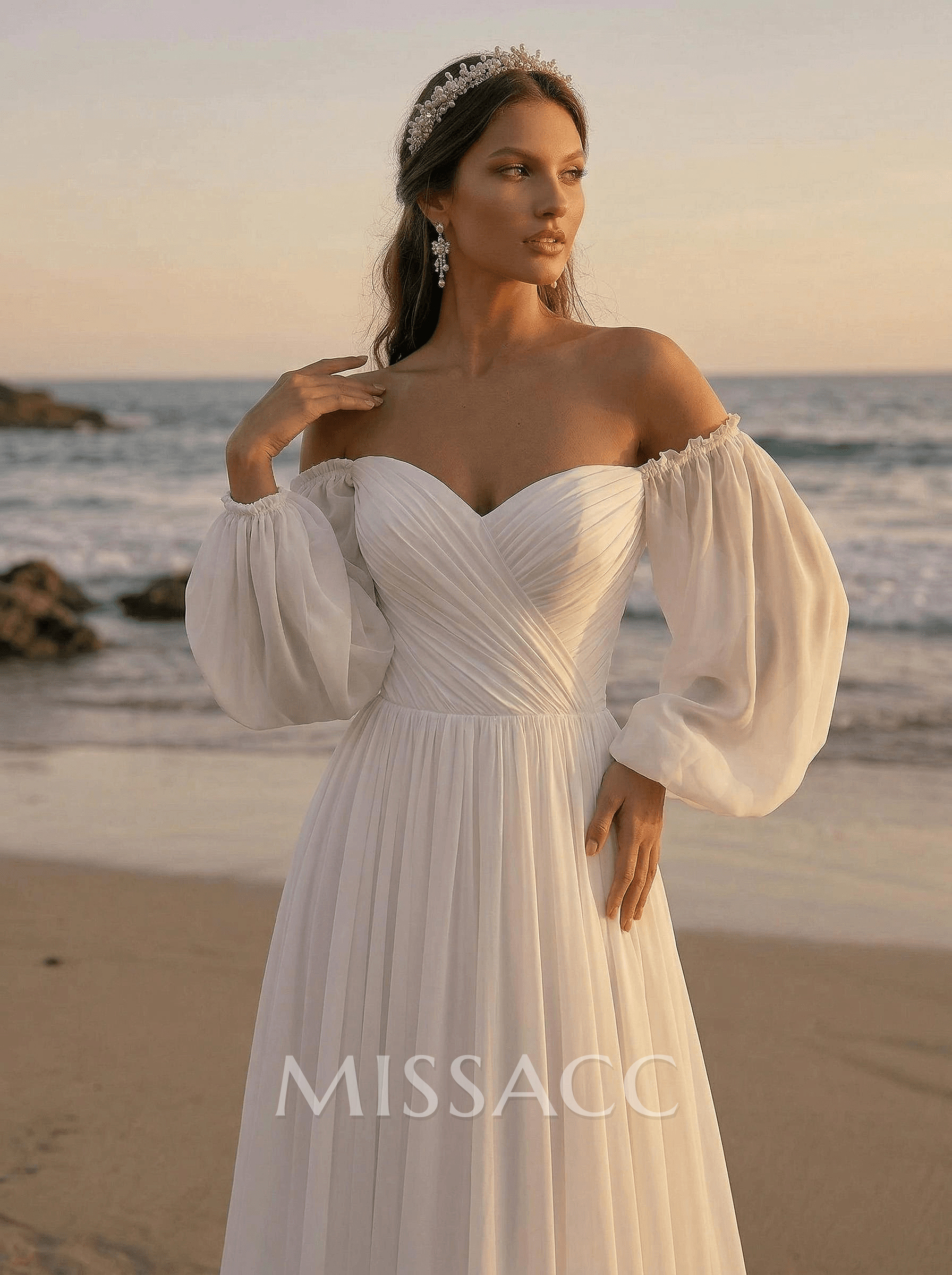 Beach Long Sleeves Off-The-Shoulder Wedding Dresses With A-Line Chiffon