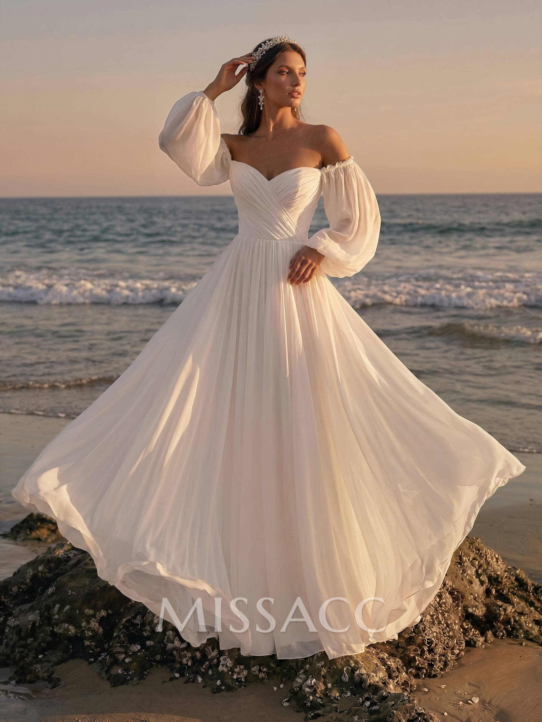 Beach Long Sleeves Off-The-Shoulder Wedding Dresses With A-Line Chiffon