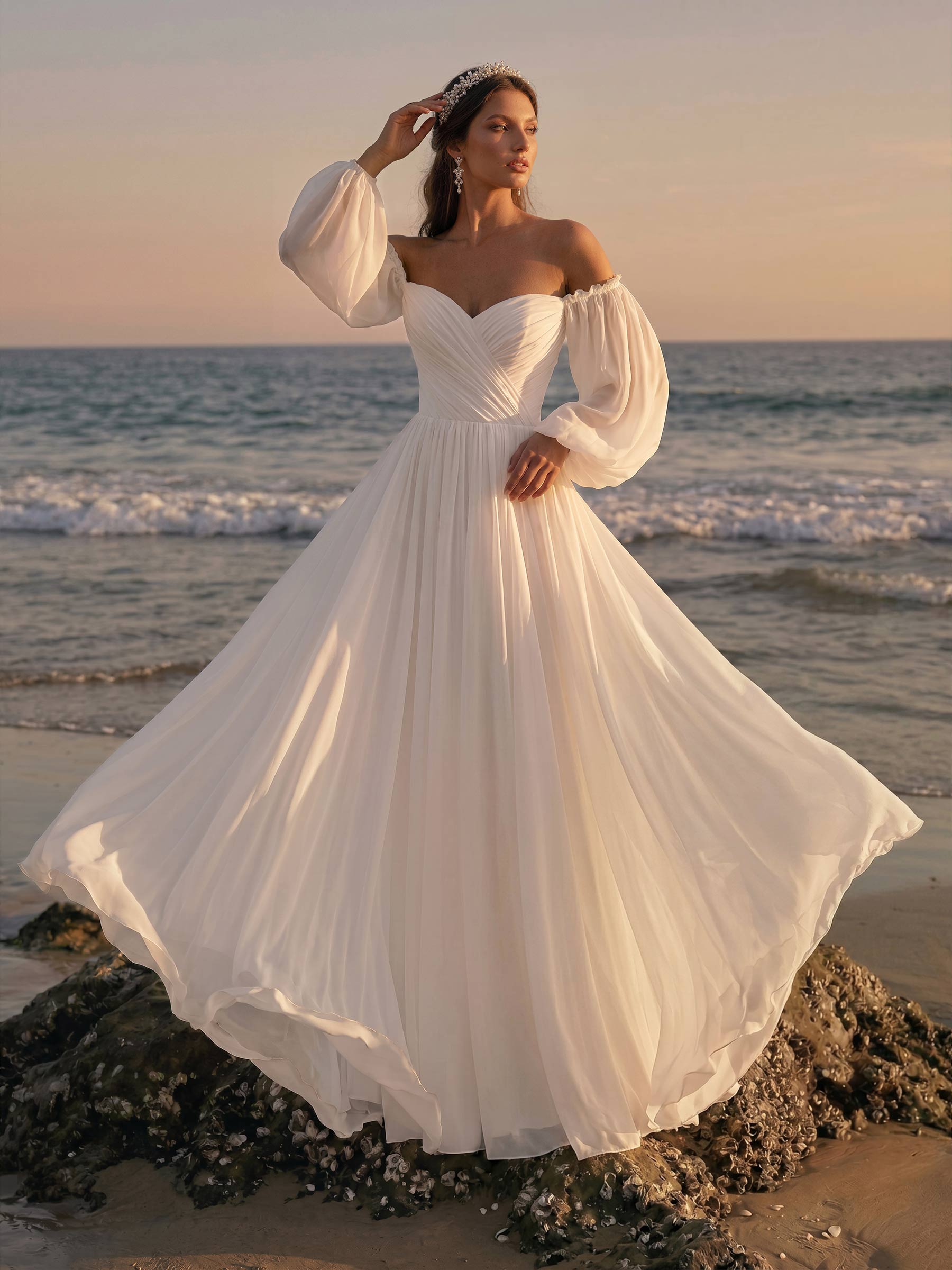 Beach Long Sleeves Off-The-Shoulder Wedding Dresses With A-Line Chiffon Beach Long Sleeves Off-The-Shoulder Wedding Dresses With A-Line Chiffon