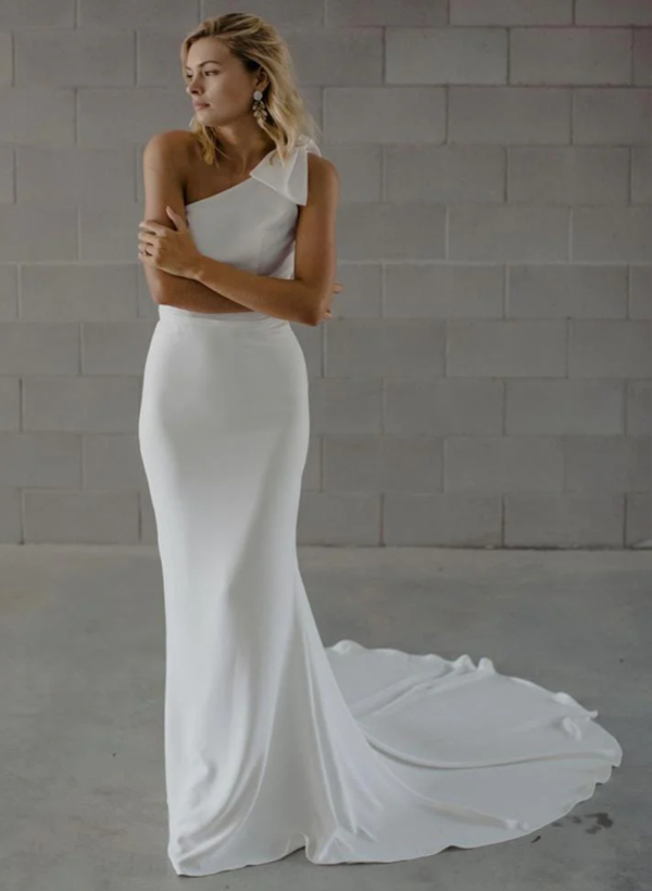 Country Style One-Shoulder Satin Wedding Dresses With Bow