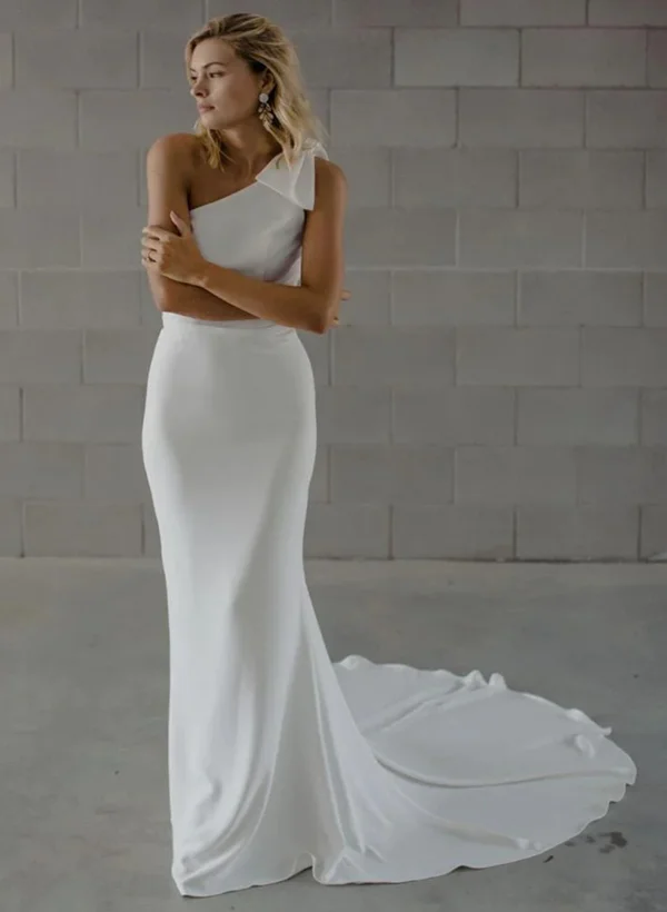 Country Style One-Shoulder Satin Wedding Dresses With Bow - Missacc