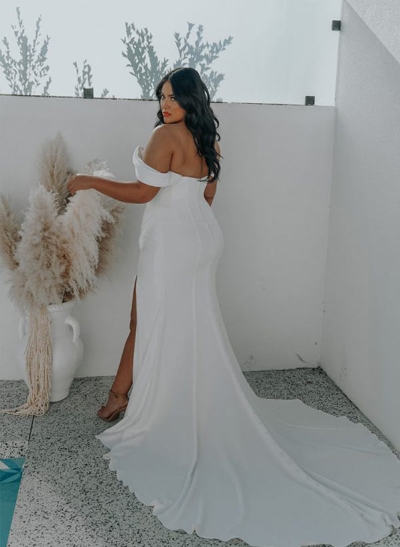 Sheath/Column Off-The-Shoulder Sweep Train Plus Size Wedding Dress With Split Front