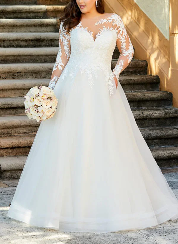 plus size wedding dresses princess Ball-Gown/Princess Illusion Neck Sweep Train Organza Plus Size Wedding Dress  With Appliques Lace