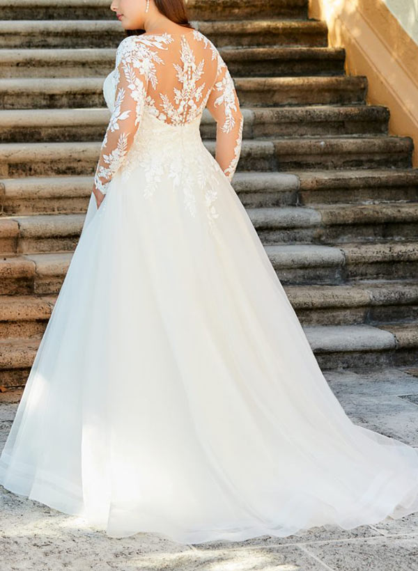 Ball-Gown/Princess Illusion Neck Sweep Train Organza Plus Size Wedding Dress With Appliques Lace