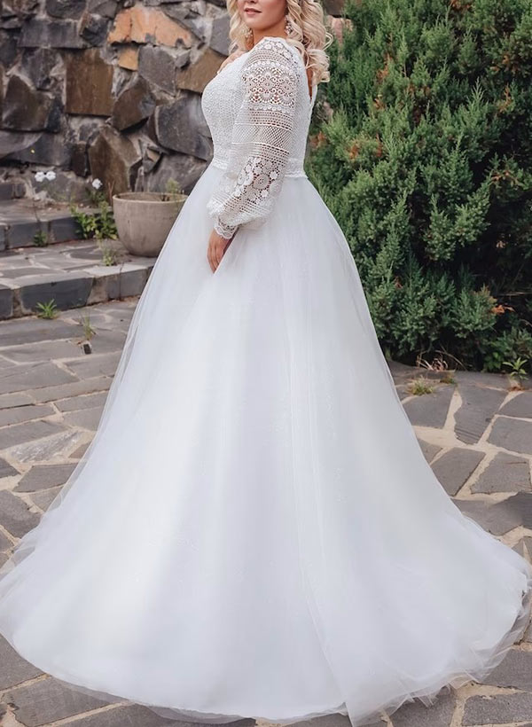 A-Line V-Neck Sweep Train Lace Plus Size Wedding Dress