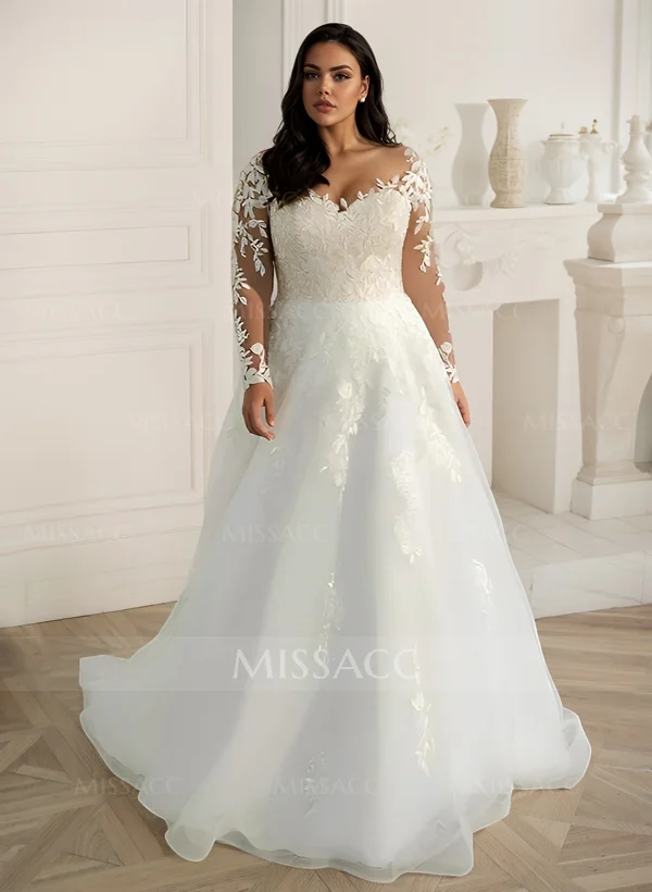 Long Sleeves Plus Size Wedding Dress With Appliques Lace