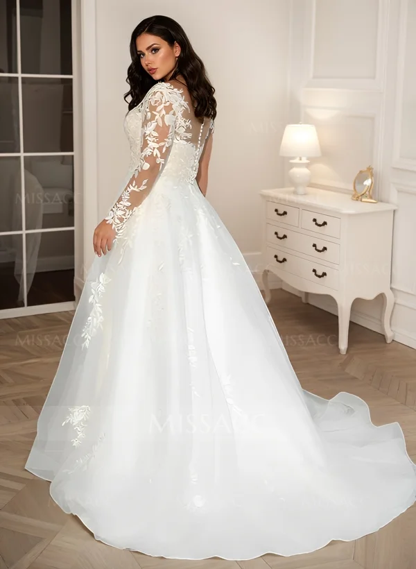 Long Sleeves Plus Size Wedding Dress With Appliques Lace - Missacc