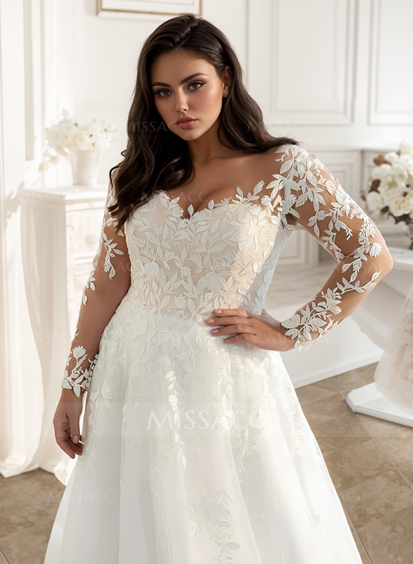 Long Sleeves Plus Size Wedding Dress With Appliques Lace