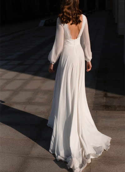 Long Sleeves A-Line V-neck Wedding Dresses With Chiffon Sweep Train 