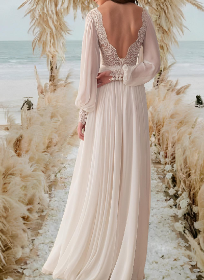 Long Sleeves Lace Open Back Wedding Dresses With V-Neck Chiffon Floor-Length