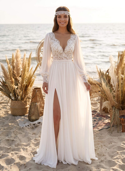 Long Sleeves Lace Open Back Wedding Dresses With V-Neck Chiffon Floor-Length