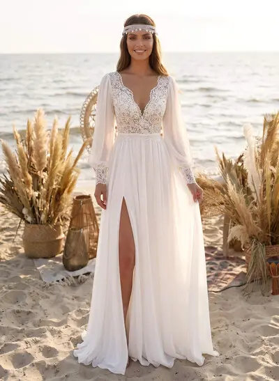 Long Sleeves Lace Open Back Wedding Dresses With V-Neck Chiffon Floor-Length