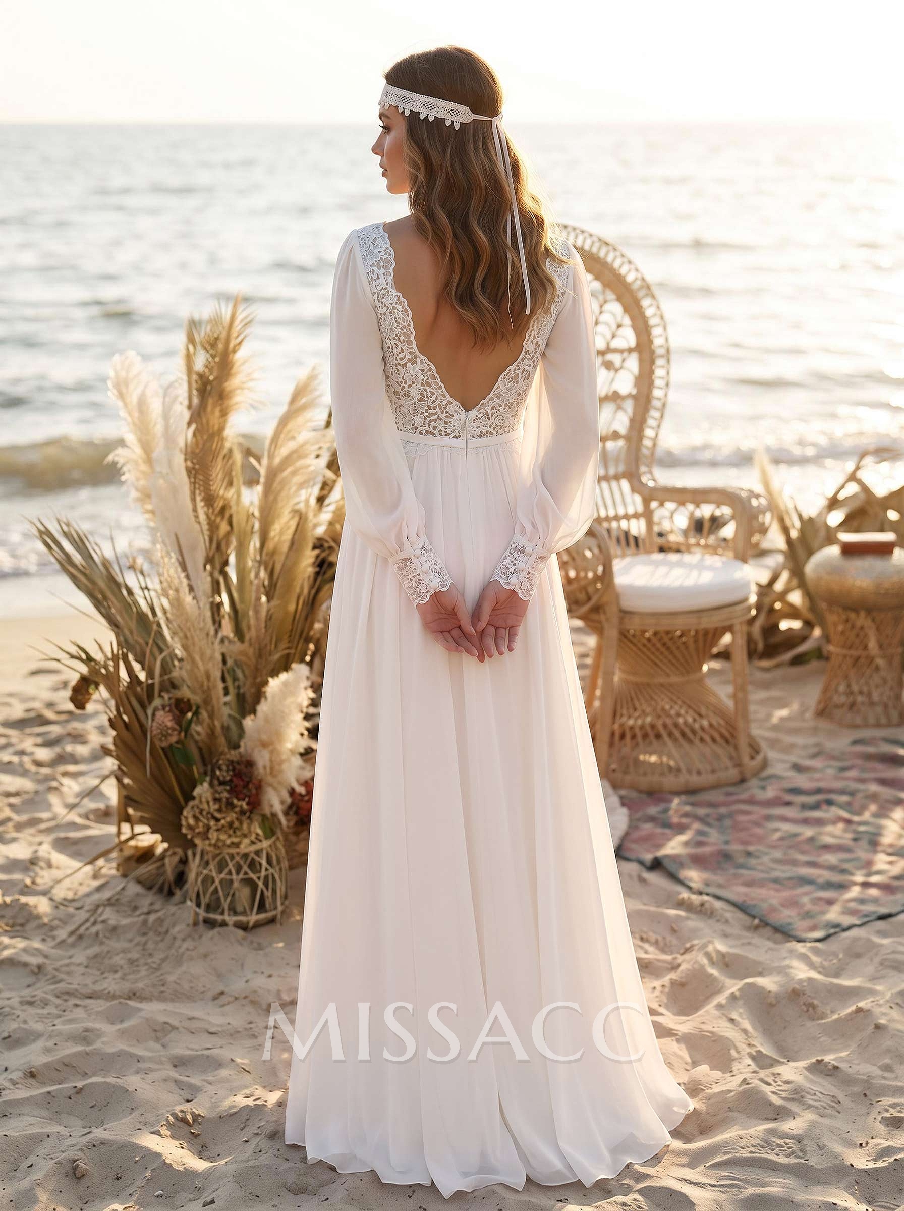 Long Sleeves Lace Open Back Wedding Dresses With V-Neck Chiffon Floor-Length