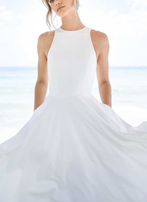 Robes de mariée A-ligne de plage haute basse avec encolure dégagée en satin