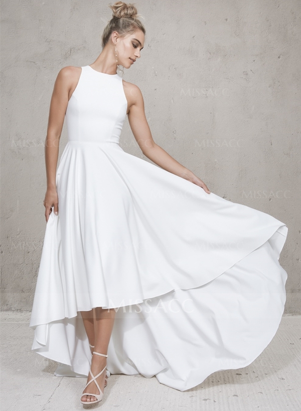High Low Beach A-Line Wedding Dresses With Elastic Satin Scoop Neck
