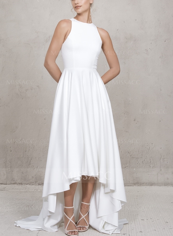 High Low Beach A-Line Wedding Dresses With Elastic Satin Scoop Neck