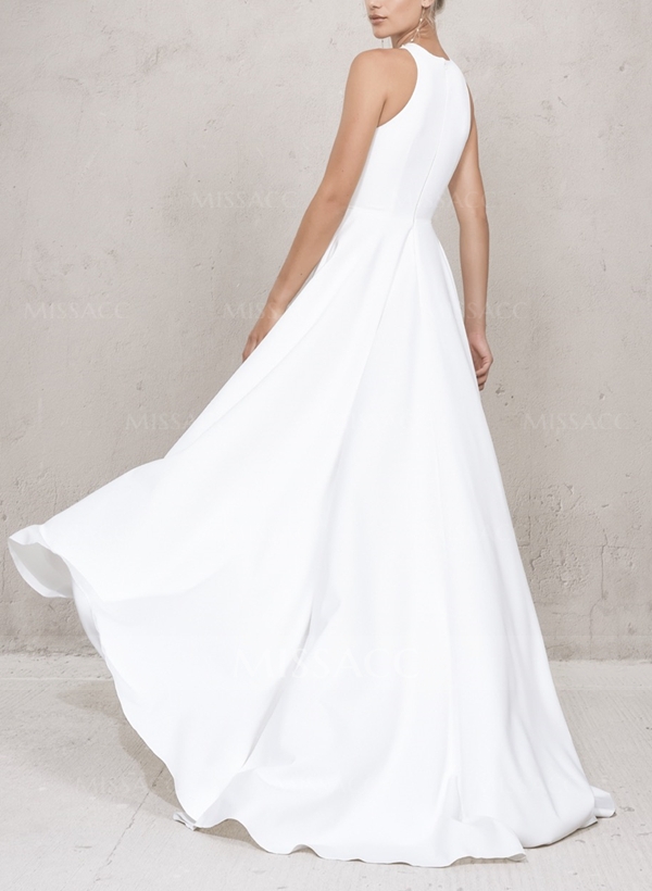 High Low Beach A-Line Wedding Dresses With Elastic Satin Scoop Neck