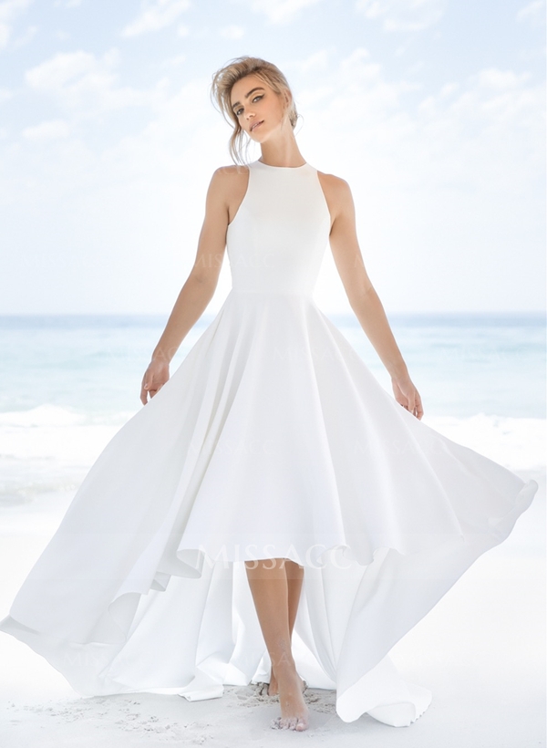 High Low Beach A-Line Wedding Dresses With Elastic Satin Scoop Neck