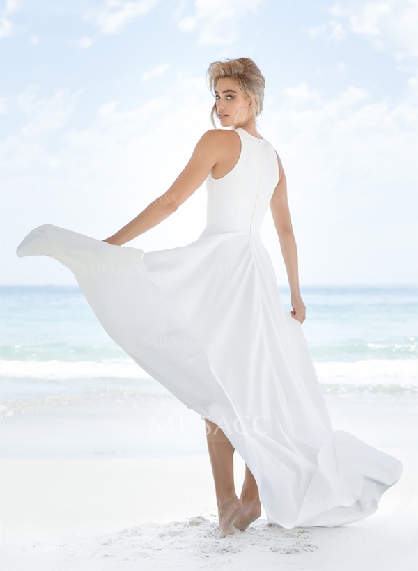 High Low Beach A-Line Wedding Dresses With Elastic Satin Scoop Neck