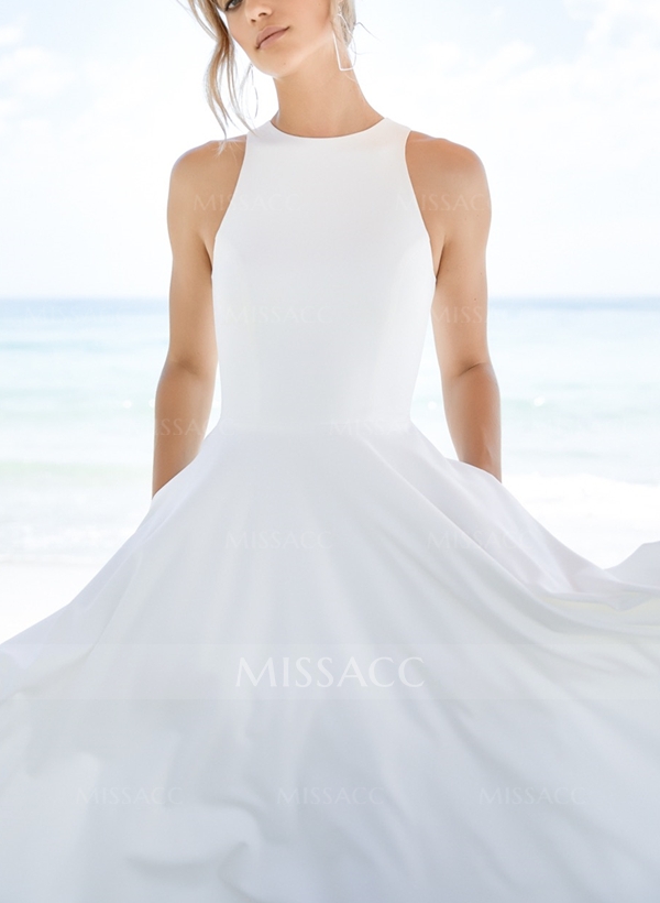 High Low Beach A-Line Wedding Dresses With Elastic Satin Scoop Neck