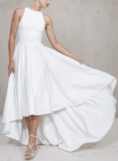 High Low Beach A-Line Wedding Dresses With Elastic Satin Scoop Neck