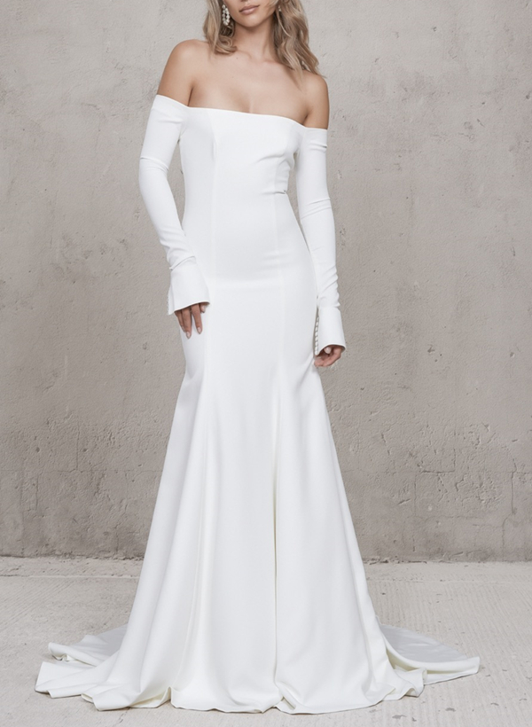 Long Sleeves Off-the-Shoulder Trumpet/Mermaid Wedding Dresses With Satin Sweep Train