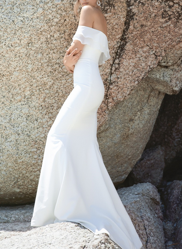 Off-the-Shoulder Trumpet/Mermaid Satin Wedding Dresses With Cascading Ruffles 