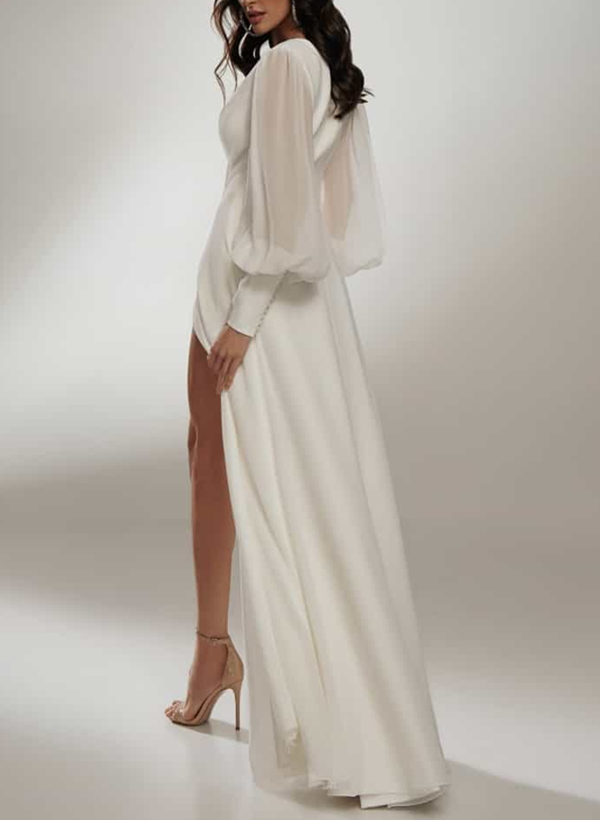 Long Sleeves A-Line Beach Wedding Dresses With V-neck Chiffon Floor-Length 
