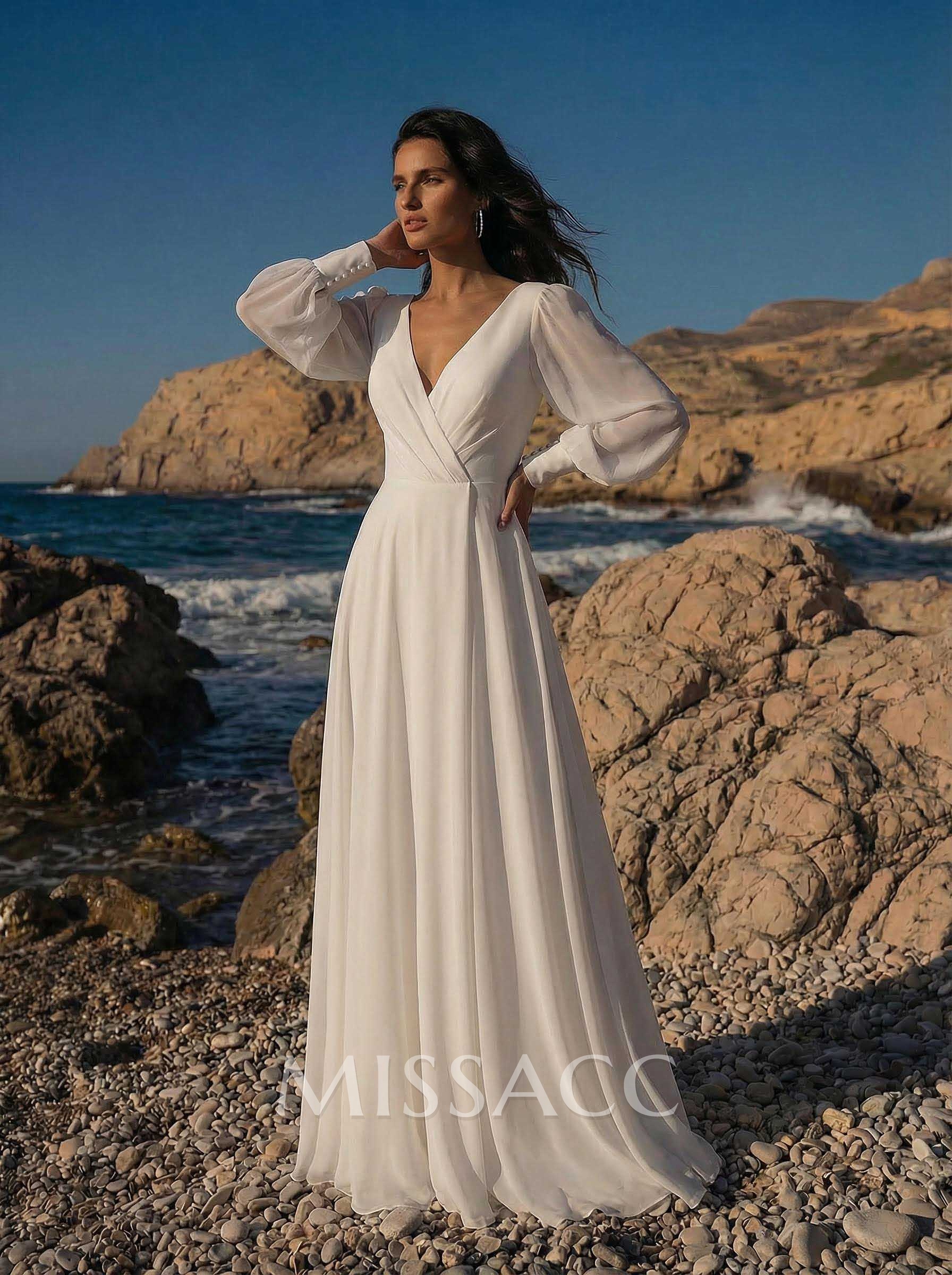 Long Sleeves A-Line Beach Wedding Dresses With V-Neck Chiffon Floor-Length