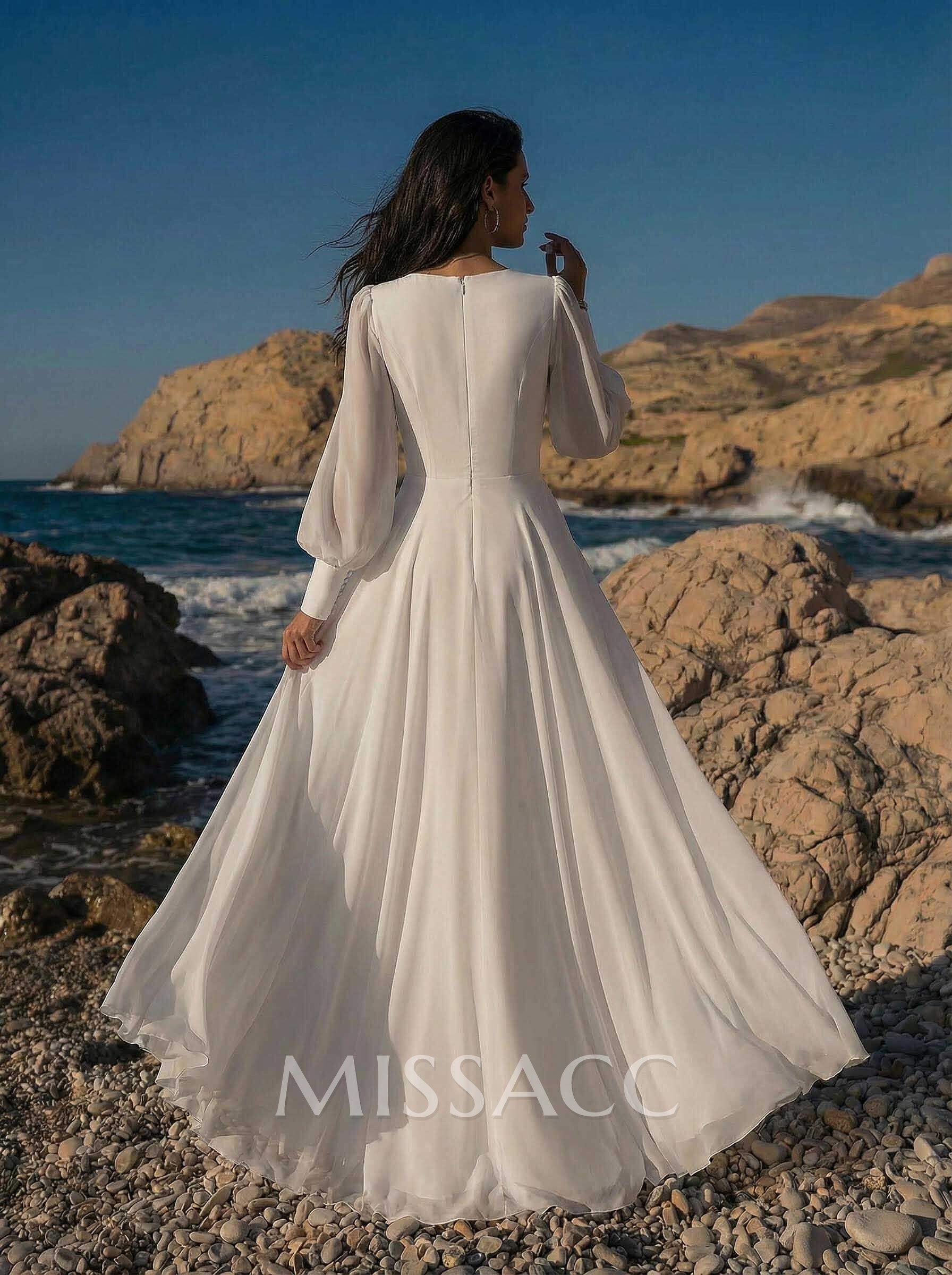 Long Sleeves A-Line Beach Wedding Dresses With V-Neck Chiffon Floor-Length