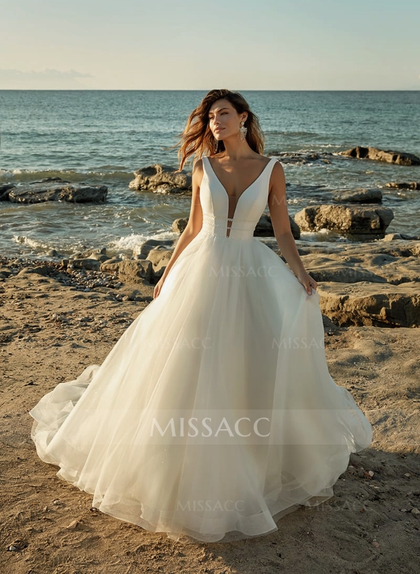 Beach Ball-Gown Open Back Wedding Dresses With Beading V-neck